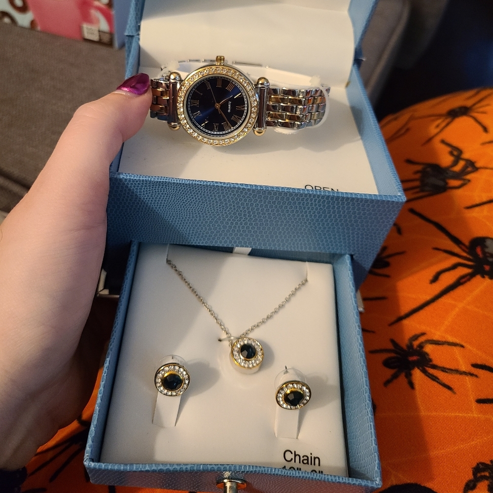BNIB Laura Scott watch and earring and necklace set. Blue, gold, and silver
